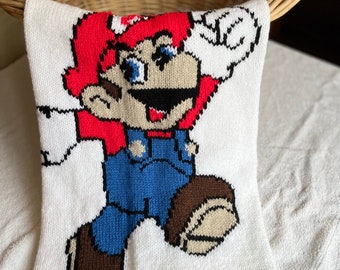Retro Mario (Super Mario) Baby Blanket Knitting Pattern, includes a chart plus full written instructions