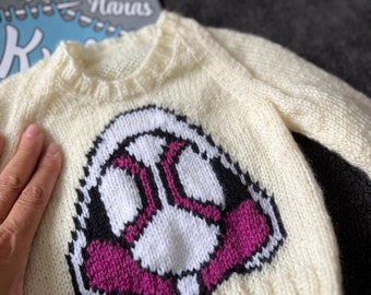 Ghost Spider Baby and Toddler Sweater Knitting Pattern, with chart, full written instructions and photos: ages 6months to 3 years.
