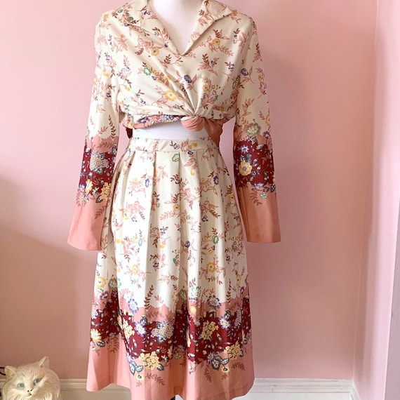 60s-70s Vintage Boho Floral Design Two Piece - XL - image 1