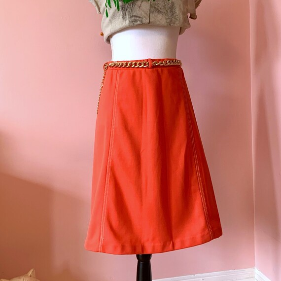 70s Vintage Hot Coral Polyester Skater Skirt L-XL… - image 6