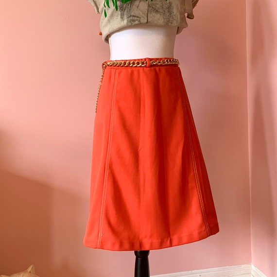 70s Vintage Hot Coral Polyester Skater Skirt L-XL… - image 7