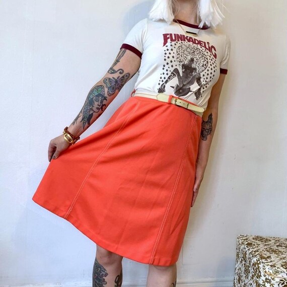 70s Vintage Hot Coral Polyester Skater Skirt L-XL… - image 1