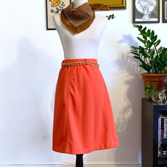 70s Vintage Hot Coral Polyester Skater Skirt L-XL… - image 8