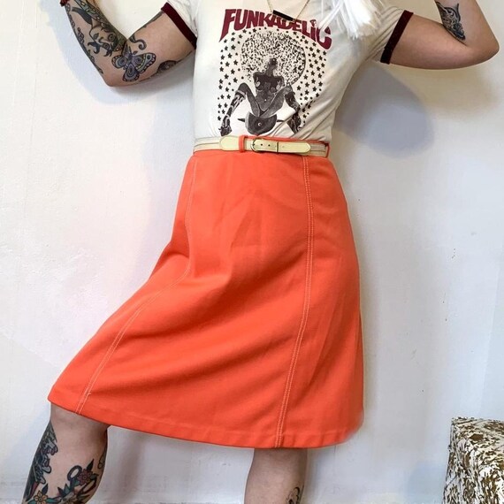 70s Vintage Hot Coral Polyester Skater Skirt L-XL… - image 2