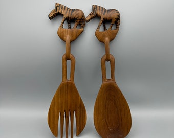 Wooden Zebra Salad Server Set, Large Spoon & Fork, Vintage (With Color Fading)