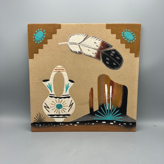 Native American Wedding Vase and Feather Sand Art Tile Signed Etsy