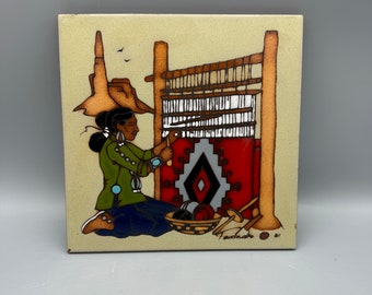 Cleo Teissedre Woman Weaving a Rug Ceramic Tile, Trivet or Wall Hanging - Vintage (Small Flaw on Bottom Corner)