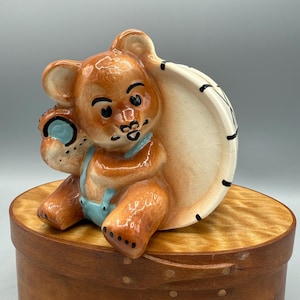 Vintage Baby Boy Teddy Bear Drum Planter Original by Norseens Pottery (with Crazing)