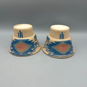 Southwest Sandpainting Art Candle Holders - Set of 2 (1983 Gold Rush Ceramics)