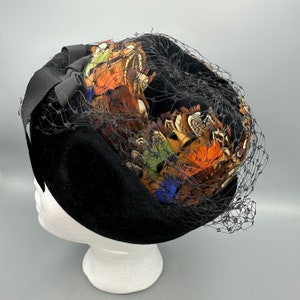 Black Hat with Colorful Feathers and Net by Jane Sutton, Vintage