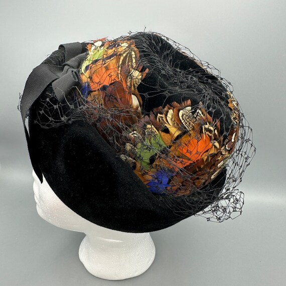 Black Hat with Colorful Feathers and Net by Jane … - image 1