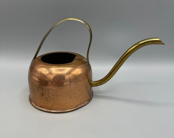 Copper and Brass Watering Can, Vintage Small Copper Can with Brass Handle and Spout (Dented and with calcium buildup on the inside)