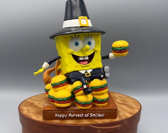 Estatueta vintage do Bob Esponja para o Dia de Ação de Graças, Feliz Colheita de Sorrisos (Um dos braços foi colado)