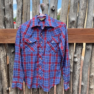 Vintage Western « Hoot Spah » Plaid Shirt avec boutons perlés