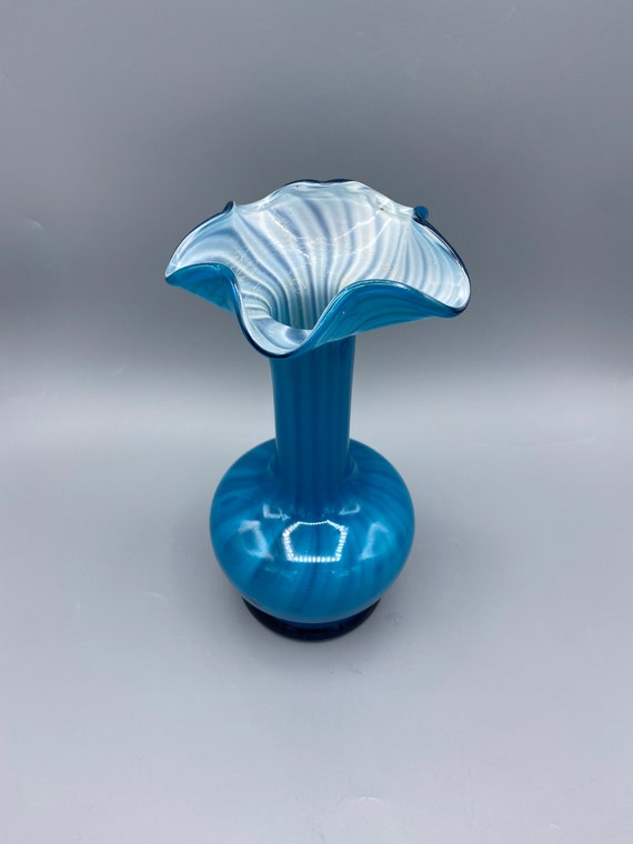 Norleans Blue Ruffled Handblown Vase, Vintage Blue Glass