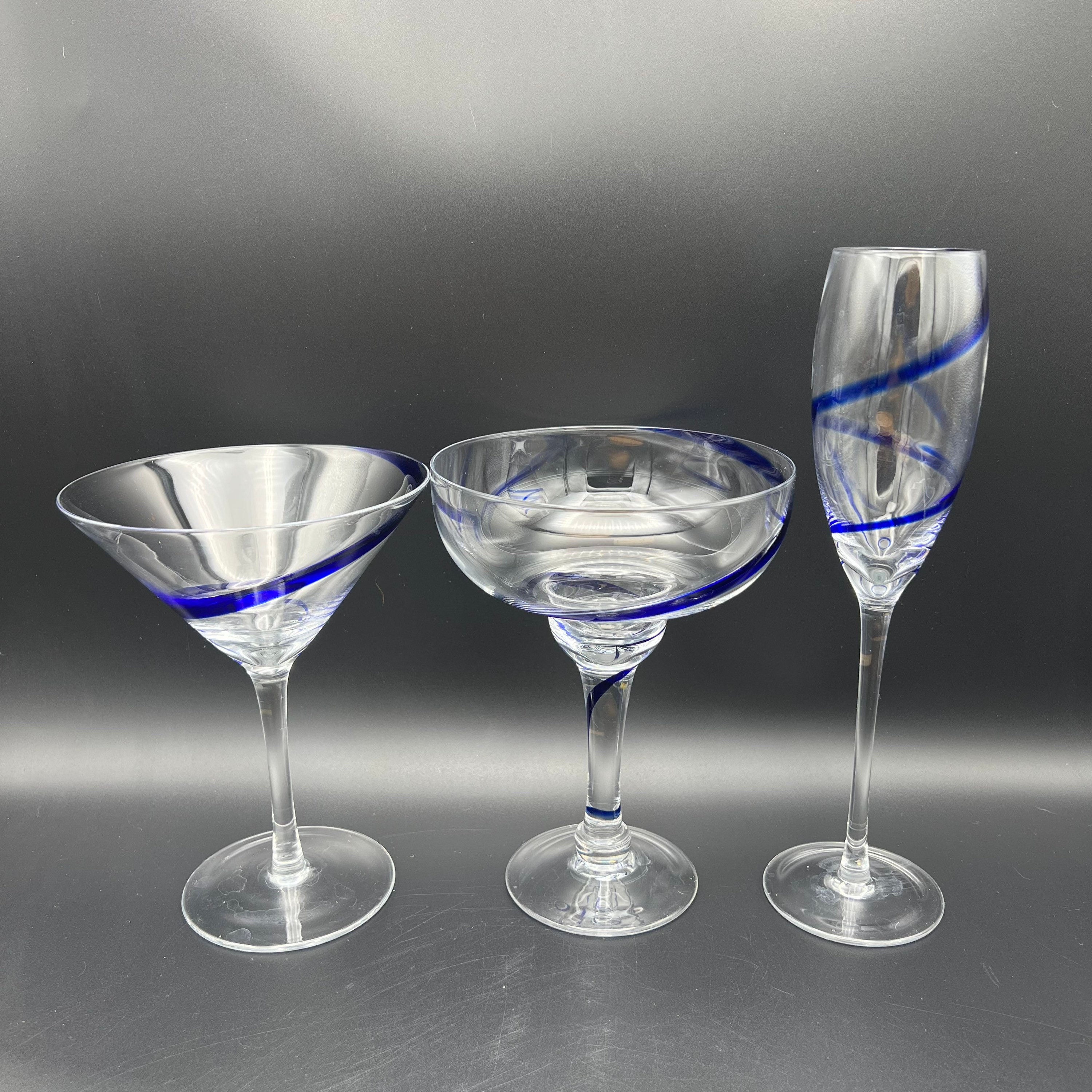 Fancy COBALT BLUE & CLEAR Glass COCKTAIL GLASSES w/ 3D Swirled Stems &  Stripes