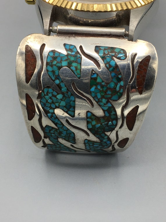 American Indian Turquoise and Coral Chip Inlay by… - image 3