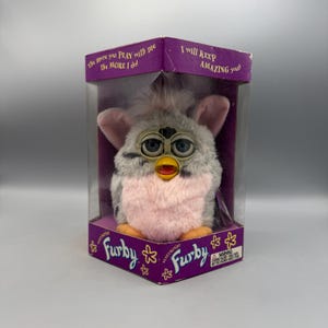 Vintage Leopard Furby, Gray and Pink, 1998 Tiger Electronics Model 70-800 (Unopened Box - Not Tested) Box has Sun Damage