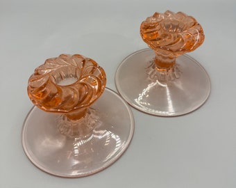Portavelas de cristal rosa Heisey vintage - Juego de 2