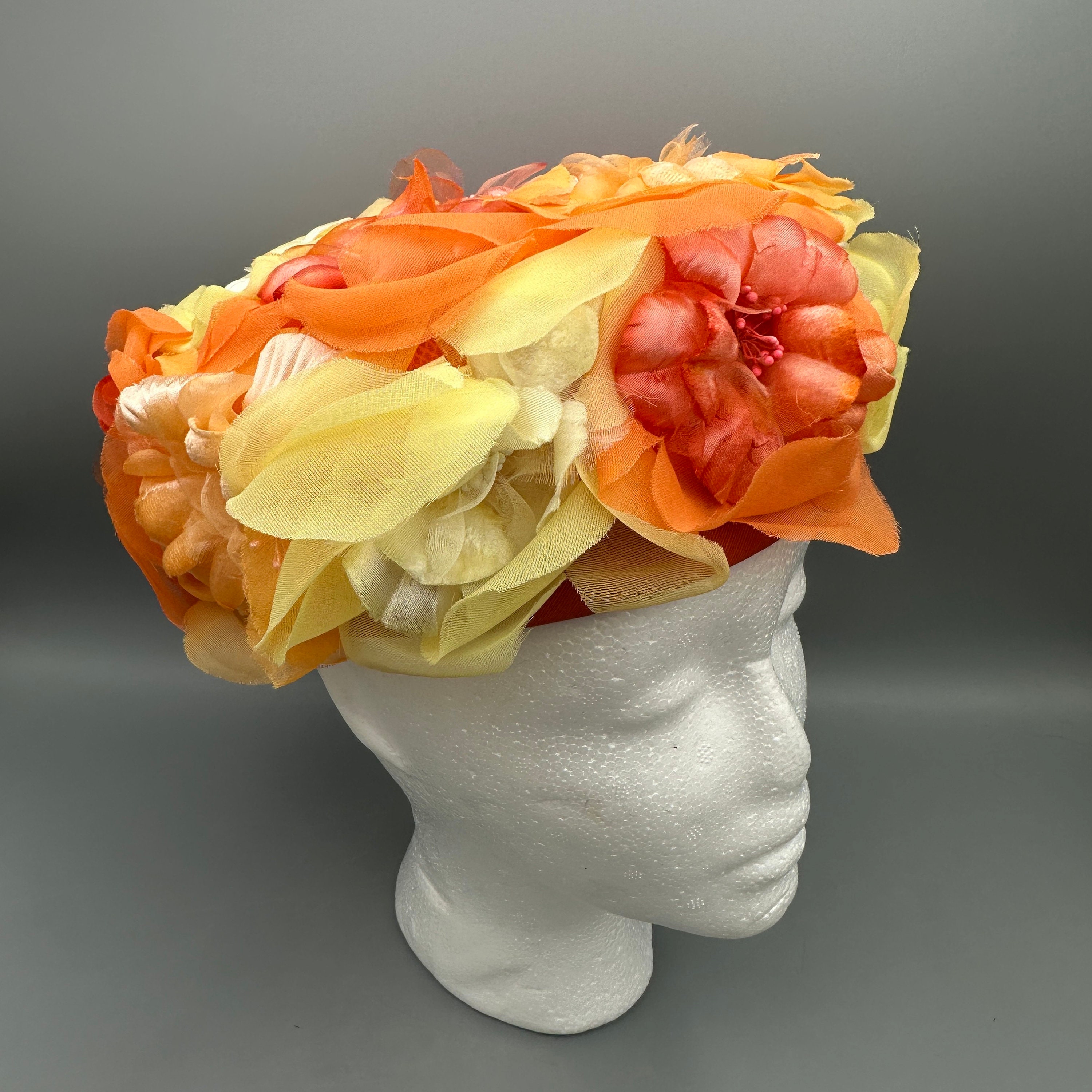 Vintage Orange Floral Petal Hat Union Made Dopamine Fashion Statement Piece One off Piece Large Orange Orchid Flower Hat Fascinator  main image 3