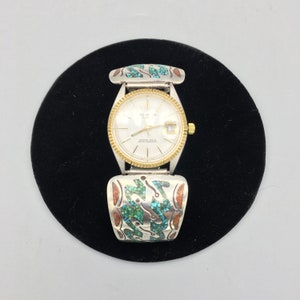 American Indian Turquoise and Coral Chip Inlay by William Singer, Vintage Men&#39;s Wrist Watch