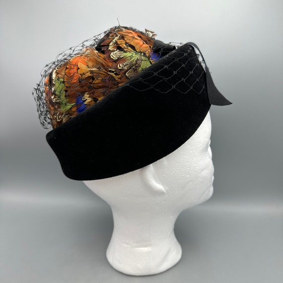 Black Hat with Colorful Feathers and Net by Jane … - image 3