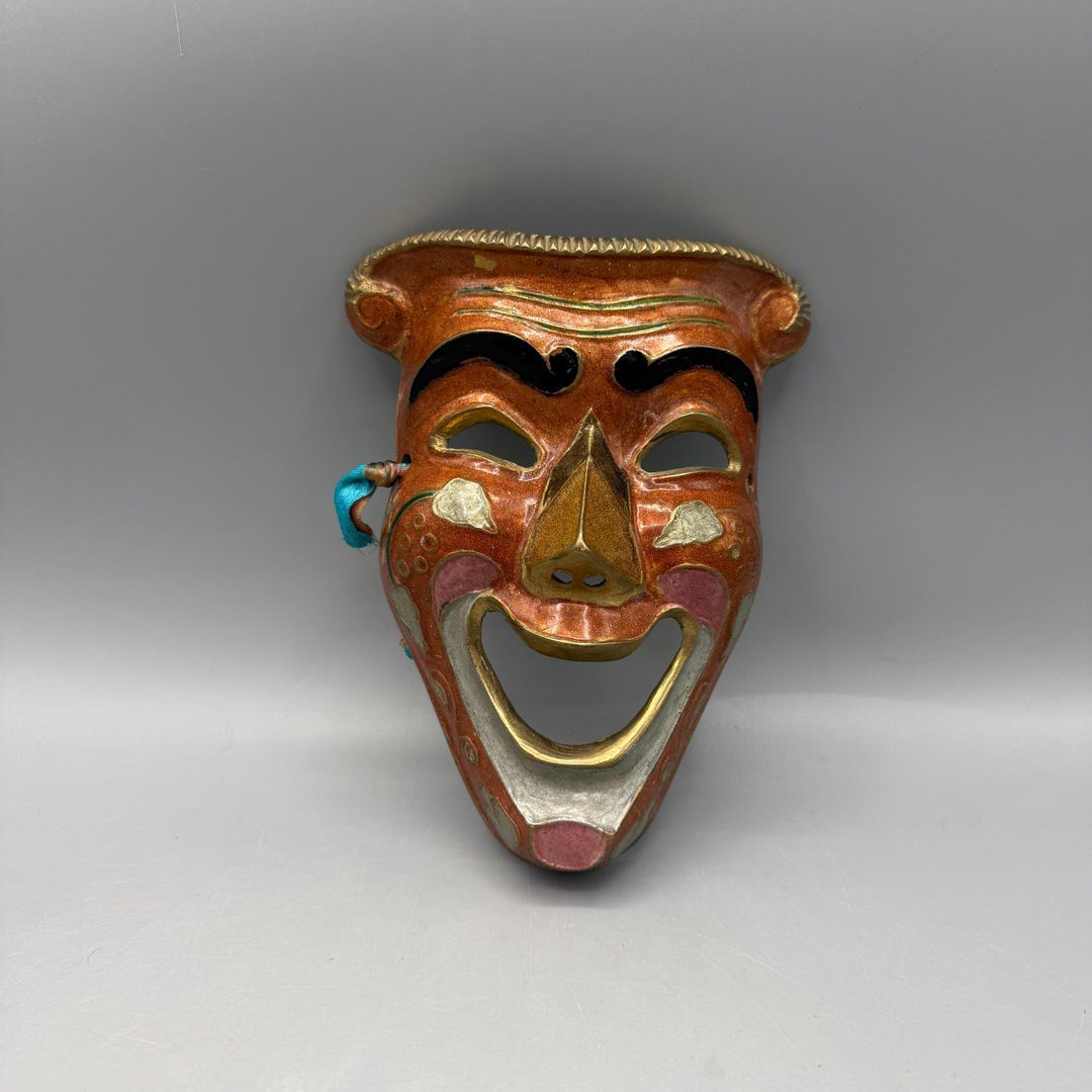 Metallic Smiling Mask Vintage Smiling Mask of Brass and Enamel, Wall Decor With Small Flaws ...