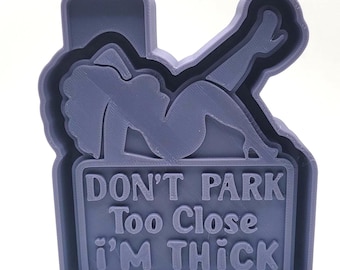 May include: A gray-blue sign-shaped object with the text "DON'T PARK Too Close I'M THICK". The sign features a silhouette of a person reclining on top. The object is made of a solid material.