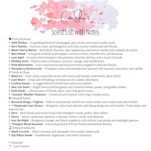 May include: A list of scents from The Cute Shop, with notes. The list includes fruity, floral, and tropical scents, such as "Black Cherry Merlot" and "Black Coconut". The list is on a pink and white watercolor background.