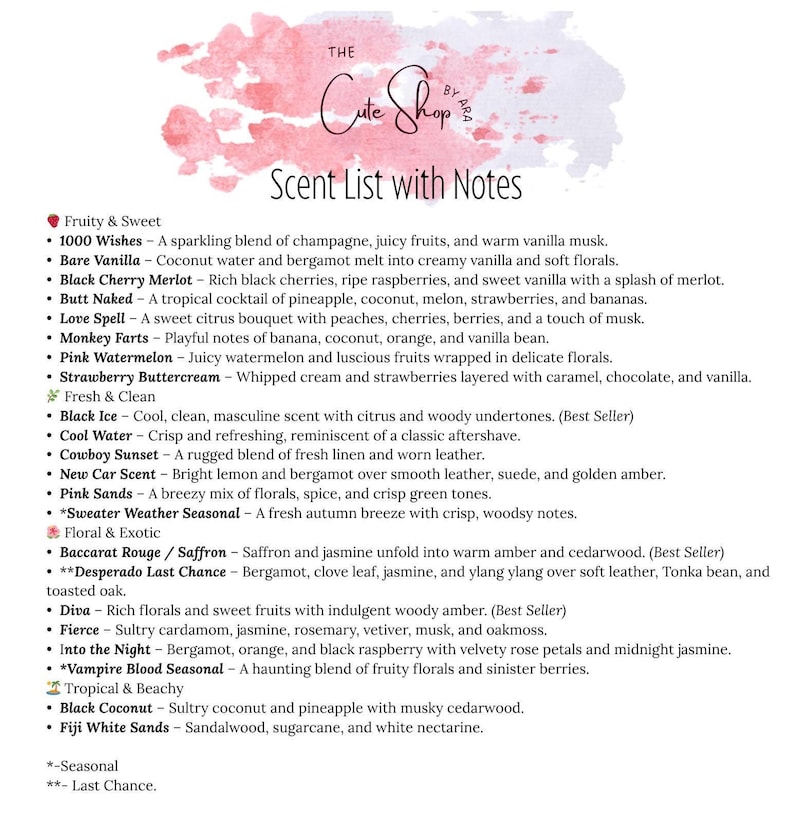May include: A list of scents from The Cute Shop, with notes. The list includes fruity, floral, and tropical scents, such as "Black Cherry Merlot" and "Black Coconut". The list is on a pink and white watercolor background.
