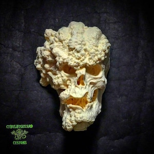 May include: A white, detailed, skull sculpture with a textured, organic growth covering the top of the head. The skull has a gaping mouth and a detailed, bony structure. The sculpture is made of a smooth, white material.