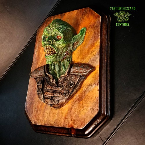 Goblin 1/4 scale resin relief Hand Painted mounted on shops a stained wood wall plaque.
