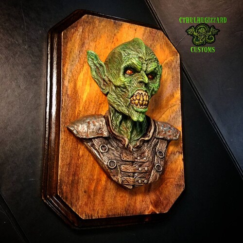 Goblin 1/4 scale resin relief Hand Painted mounted on shops a stained wood wall plaque.