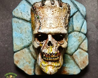 Frankenstein Skull  relief ,  1/4 scale hand painted resin cast  wall plaque .