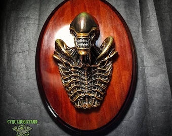 ALIEN 1/4 scale resin relief Hand  painted mounted on a custom stained wood plaque.