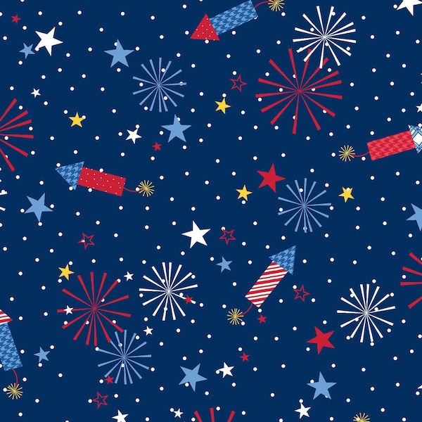 Red White & Bloom ~ Fireworks Fabric by Kimberbell For Maywood Studio, Patriotic Fabric, Stars Fabric, MAS9903-N