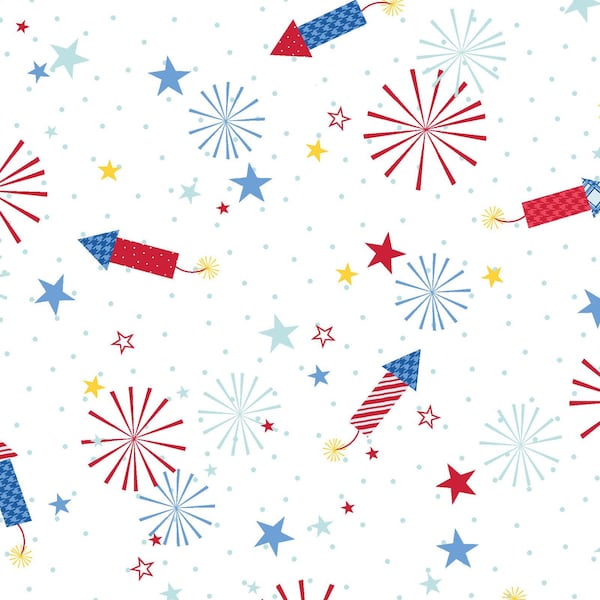 Red White & Bloom ~ Fireworks Fabric by Kimberbell For Maywood Studio, Patriotic Fabric, Stars Fabric, MAS9903-W