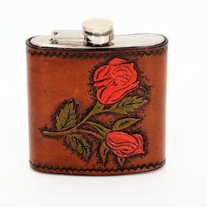 Flachmann mit handgefertigter Lederhülle &quot;Rose&quot; - 175 ml aus Edelstahl, Hipstar, Trinkflasche, Brustflasche