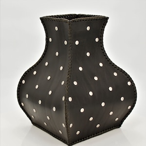 Handmade modern leather vase with glass insert, black decorated with satin silver rivets