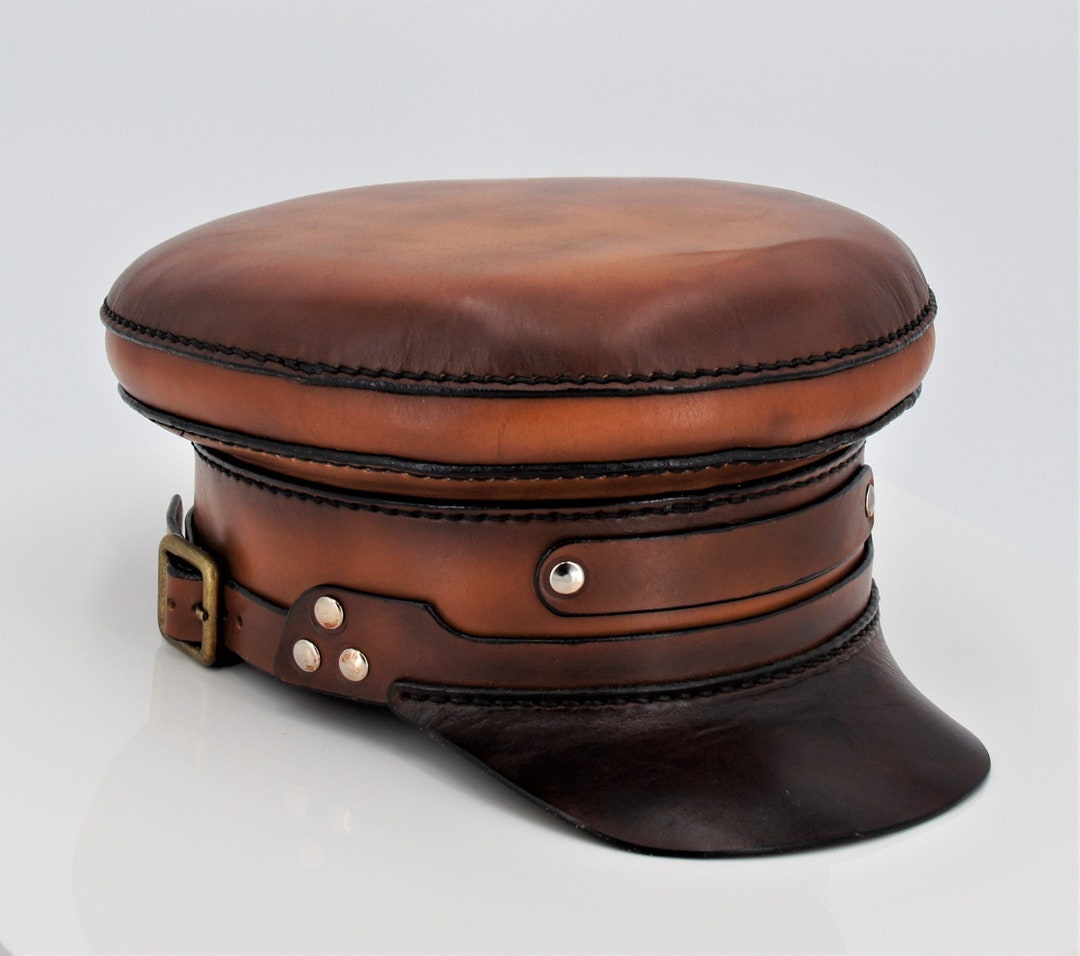 Handmade Leather Cap, Train Conductor Cap, Steampunk Cap, Leather Hat, Cap, Leather, Vintage, Brown, With Hand Stitching, Decorative Elements, Hat - Handmade Leather Cap, Train Conductor Cap, Steampunk Cap, Leather Hat, Cap, Leather, Vintage, Brown, With Hand Stitching, Decorative Elements, Hat -