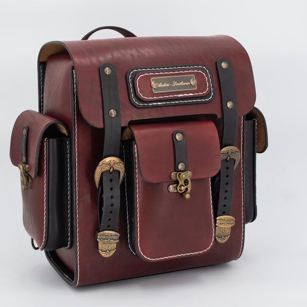 Elegant leather backpack, backpack, robust and trendy, made from vegetable-tanned Kobel cowhide, red, black