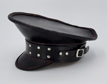 Handmade leather cap, steampunk cap, black, with hand stitching, rivet trim, officer cap, military, uniform