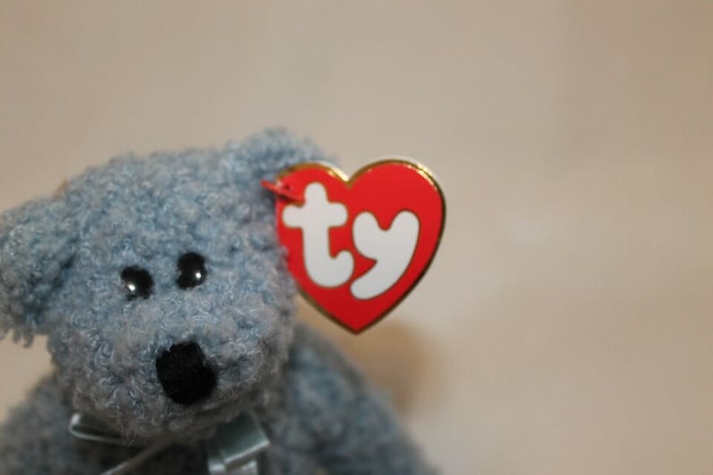 May include: A blue plush teddy bear with a Ty heart-shaped tag attached to its ear. The tag is red with a white "ty" logo.