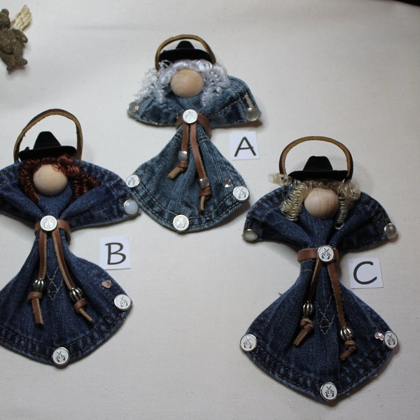 Handmade Cowgirl/Cowboy Pocket Angel Upcycled Denim Hanging Ornament Any Occasion Baby Nursery Christmas