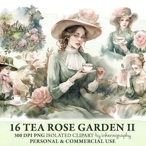 Garden Tea Party Png Clipart Bundle, Retro Romantic Clipart, Victorian Fashion Fancy Hat Women Ladies Planner Girl Tea Time Instant Download