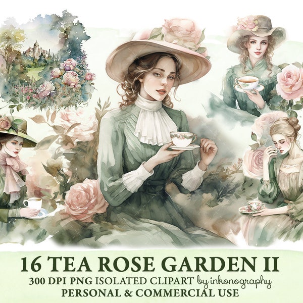 Garden Tea Party Png Clipart Bundle, Retro Romantic Clipart, Victorian Fashion Fancy Hat Women Ladies Planner Girl Tea Time Instant Download