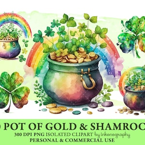 May include: A set of ten watercolour illustrations featuring a pot of gold and shamrocks. The pot of gold is depicted as a traditional Irish cauldron filled with gold coins. The shamrocks are green and have four leaves. The illustrations are set against a background of a rainbow and clouds.