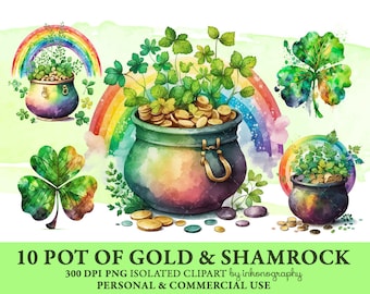 Rainbow Pot of Gold Clipart Bundle Watercolor Shamrock Png St Patrick Clipart Scrapbooking Kit Instant Download Digital Clipart Bundle Decor