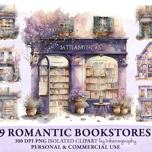 Aquarell romantische Buchhandlung Clipart Bundle Buchladen png Schaufenster Illustration französische Buchhandlung png Scrapbooking Sofortiger digitaler Download
