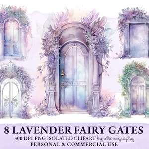 Puede incluir: Ocho ilustraciones de acuarela de puertas de hadas de lavanda. Cada puerta tiene un diseño diferente con un arreglo floral único. Las puertas están pintadas en tonos de morado, azul y verde.